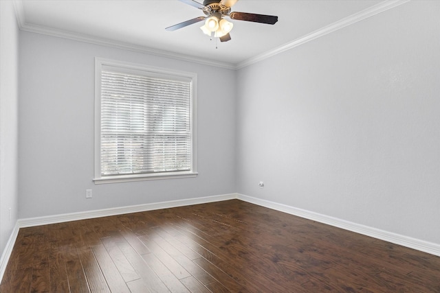 empty room featuring dark wood-type flooring, crown molding, baseboards, and a ceiling fan