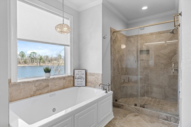 full bathroom featuring ornamental molding, a stall shower, and a garden tub