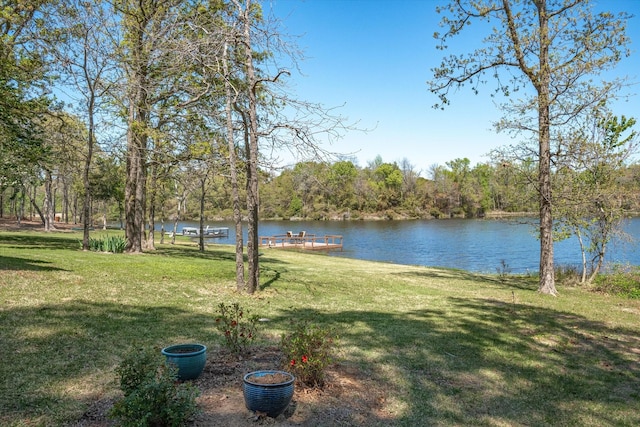 view of yard featuring a water view and a dock