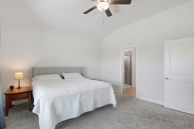 bedroom featuring visible vents, baseboards, a ceiling fan, lofted ceiling, and carpet