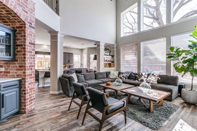 living area featuring light wood-style floors, a healthy amount of sunlight, and ornate columns