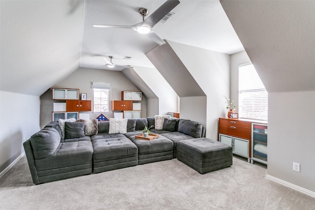 905 Water Oak Dr, Grapevine, TX 76051 - living room featuring carpet floors, ceiling fan, lofted ceiling, and baseboards