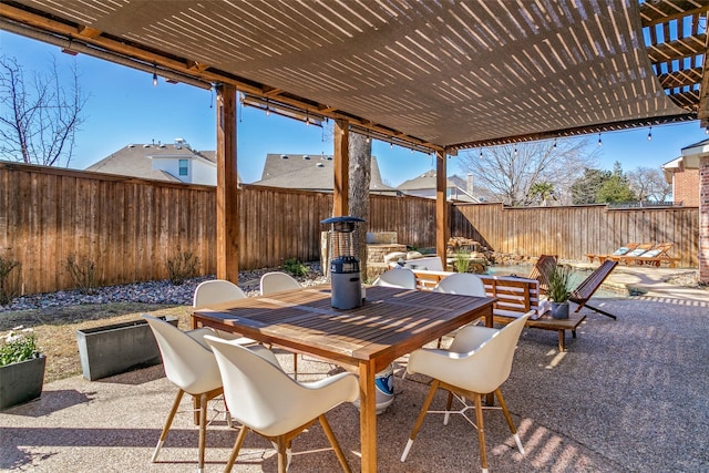 view of patio featuring outdoor dining area, a fenced backyard, and a pergola