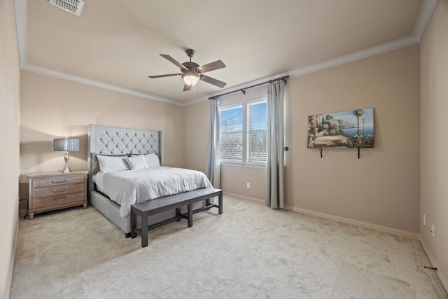 bedroom with visible vents, baseboards, carpet, and ornamental molding