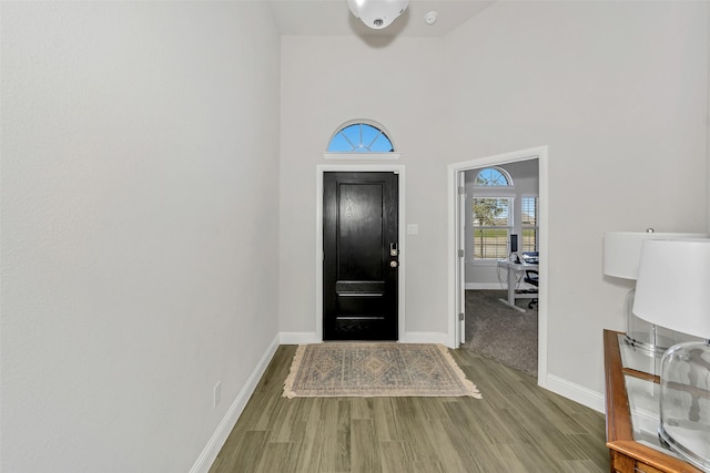 foyer featuring wood finished floors and baseboards