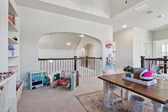 recreation room with carpet, visible vents, and recessed lighting