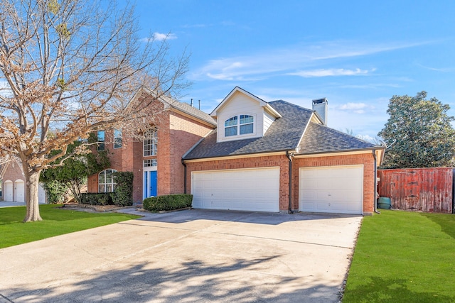 traditional-style home with roof with shingles, brick siding, fence, driveway, and a front lawn