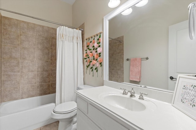 bathroom featuring vanity, toilet, shower / bath combo, and tile patterned flooring