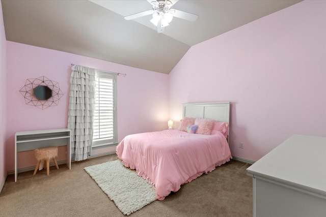 bedroom featuring ceiling fan, carpet, and vaulted ceiling