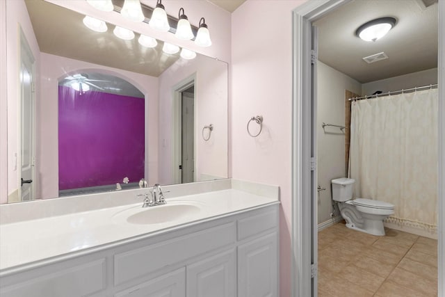 bathroom featuring visible vents, ceiling fan, toilet, tile patterned floors, and vanity