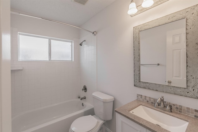 full bath featuring tasteful backsplash, visible vents, toilet,  shower combination, and vanity