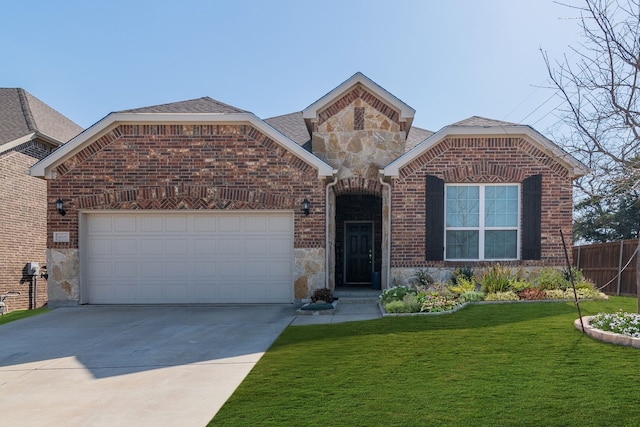 view of front of house featuring brick siding, a garage, stone siding, driveway, and a front lawn