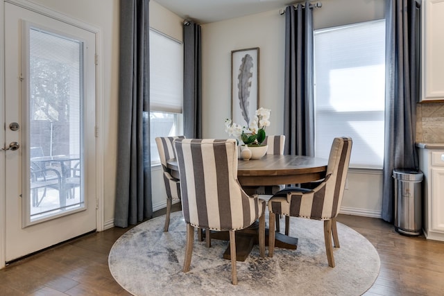 dining space featuring dark wood-type flooring and baseboards