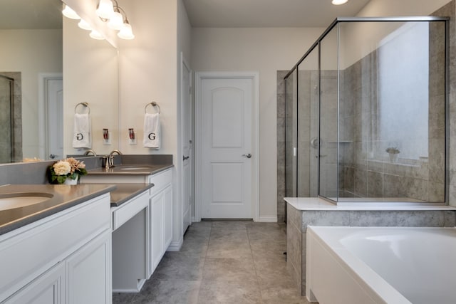 full bath with a stall shower, a sink, a bath, and double vanity