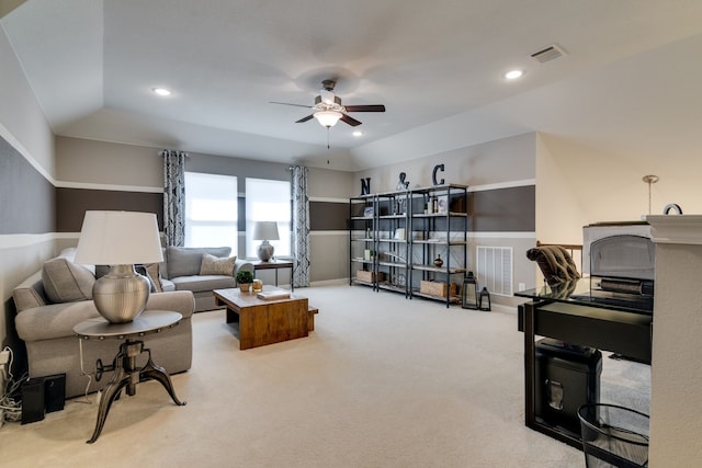 living room with a ceiling fan, carpet, visible vents, and recessed lighting