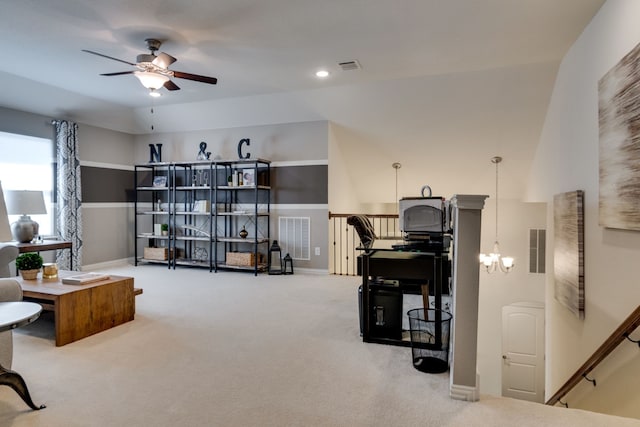 interior space with carpet floors, visible vents, and an upstairs landing