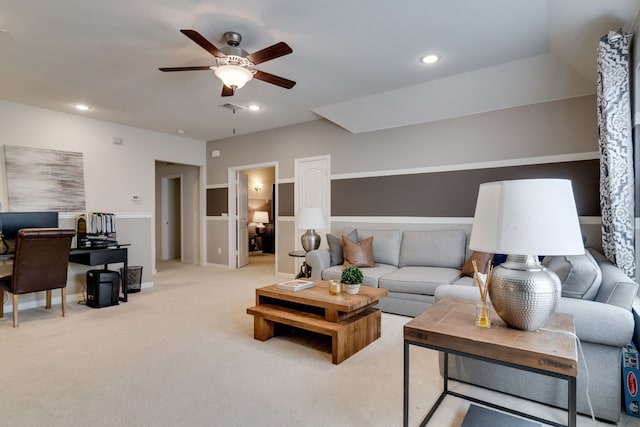 living area with recessed lighting, light colored carpet, ceiling fan, and baseboards