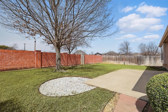 view of yard featuring a patio and a fenced backyard