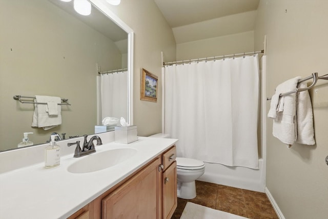 bathroom with shower / bath combo with shower curtain, vanity, toilet, and tile patterned floors