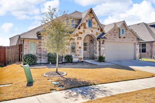 tudor-style house with an attached garage, brick siding, fence, driveway, and stone siding