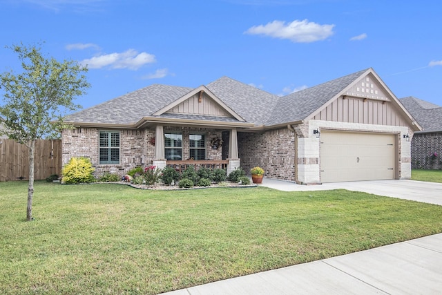 craftsman inspired home featuring a shingled roof, concrete driveway, fence, and a garage