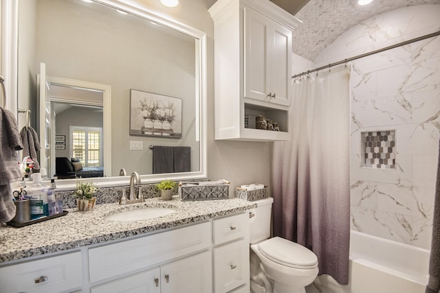 bathroom with toilet, shower / bathtub combination with curtain, vaulted ceiling, and vanity