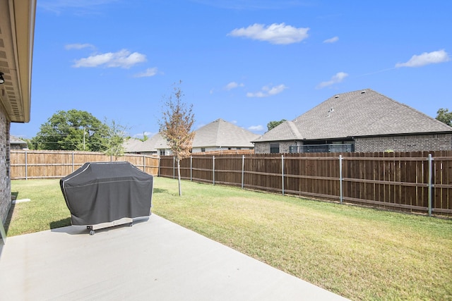 view of yard with a fenced backyard and a patio