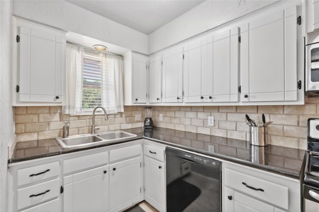 kitchen with white cabinetry, black dishwasher, a sink, and dark countertops