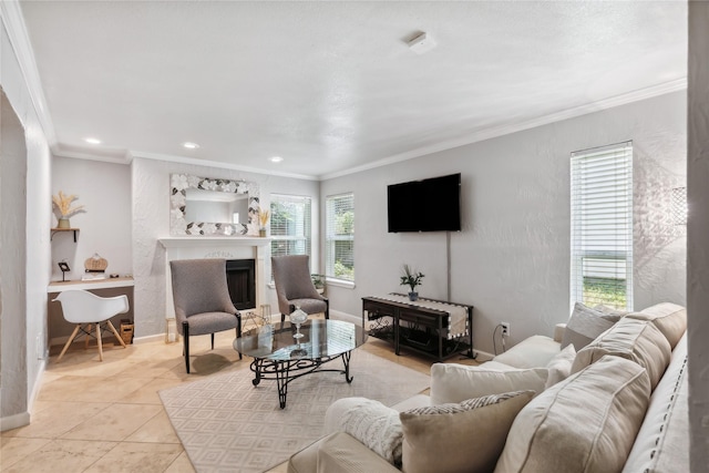 tiled living room featuring crown molding, recessed lighting, a textured wall, baseboards, and a fireplace