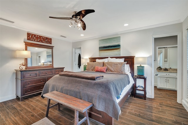 bedroom featuring wood tiled floor, crown molding, baseboards, and recessed lighting