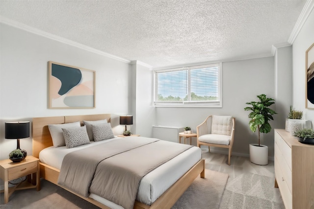 bedroom with light carpet, a textured ceiling, and crown molding