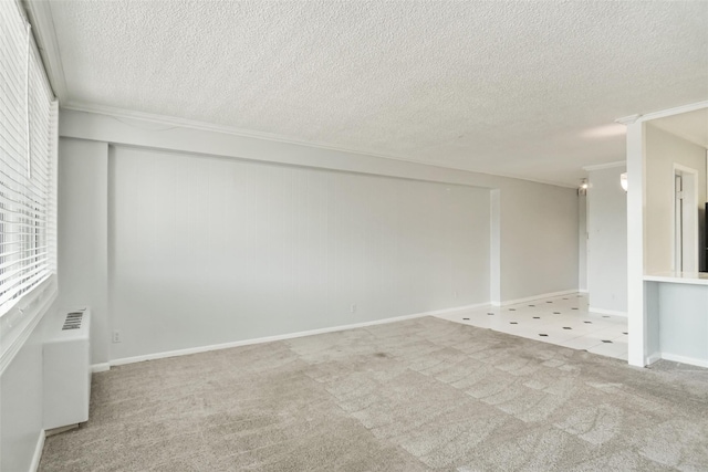 empty room with carpet, baseboards, and a textured ceiling