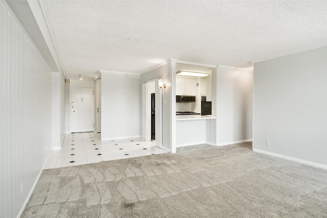 unfurnished living room with baseboards, carpet, crown molding, and a textured ceiling