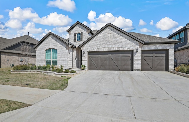 french country home featuring a garage, driveway, brick siding, and roof with shingles