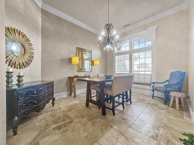 dining area featuring ornamental molding, an inviting chandelier, visible vents, and baseboards