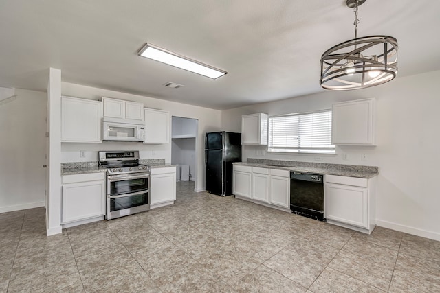 kitchen featuring pendant lighting, black appliances, white cabinets, baseboards, and light stone countertops