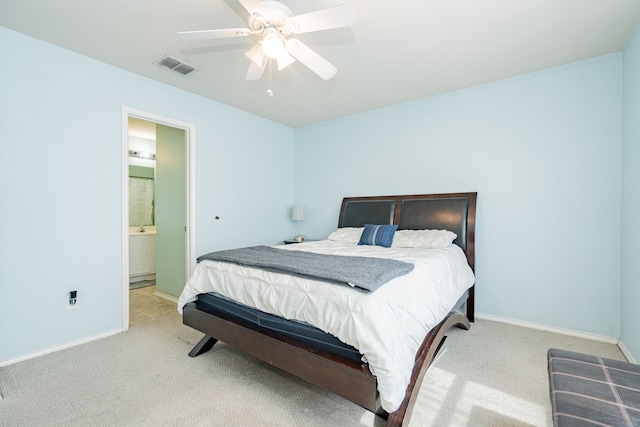 bedroom featuring visible vents, ceiling fan, light carpet, and baseboards