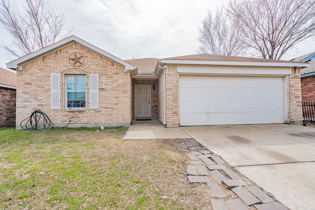 ranch-style home with an attached garage, driveway, a front lawn, and brick siding