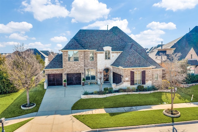 french country home featuring brick siding, a shingled roof, driveway, stone siding, and a front yard