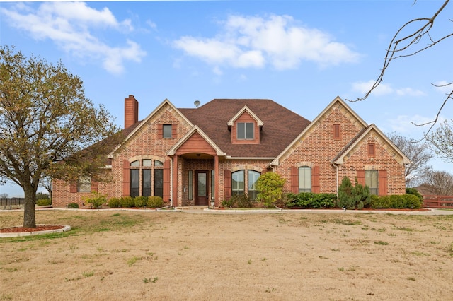 view of front of home with brick siding, a chimney, and a shingled roof