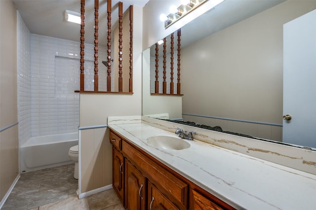 full bathroom with baseboards, toilet, vanity, and tile patterned flooring