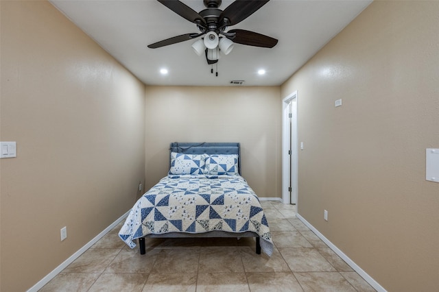 bedroom with baseboards, visible vents, light tile patterned flooring, recessed lighting, and ceiling fan
