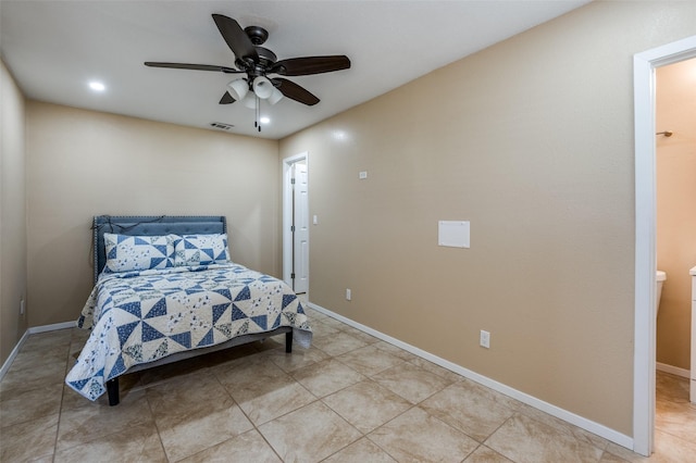 bedroom featuring visible vents, baseboards, and a ceiling fan