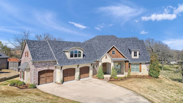 french provincial home featuring driveway, stone siding, a front yard, and brick siding