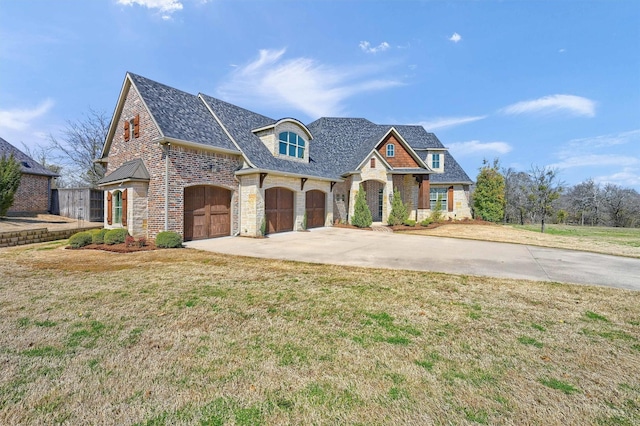 french country style house featuring an attached garage, driveway, and a front lawn