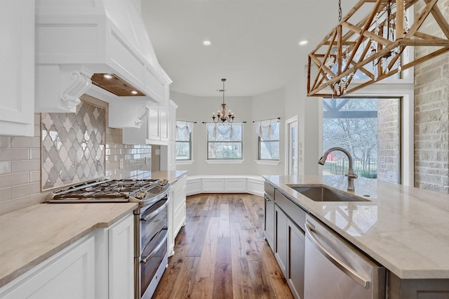 kitchen featuring tasteful backsplash, hardwood / wood-style floors, stainless steel appliances, premium range hood, and a sink