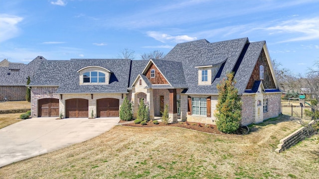 french country style house with a shingled roof, a front yard, stone siding, and driveway