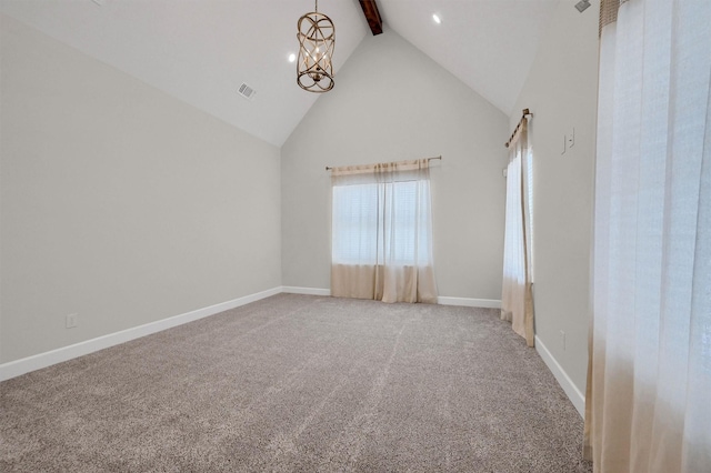 carpeted spare room with baseboards, visible vents, beamed ceiling, an inviting chandelier, and high vaulted ceiling