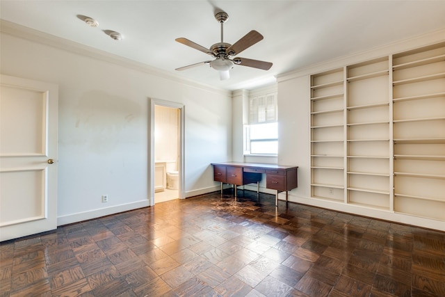 office area with ceiling fan, ornamental molding, and baseboards