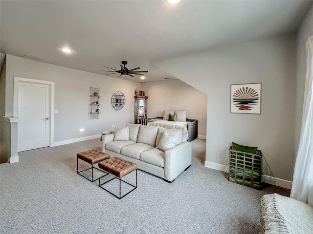 living room with carpet flooring, recessed lighting, baseboards, and a ceiling fan